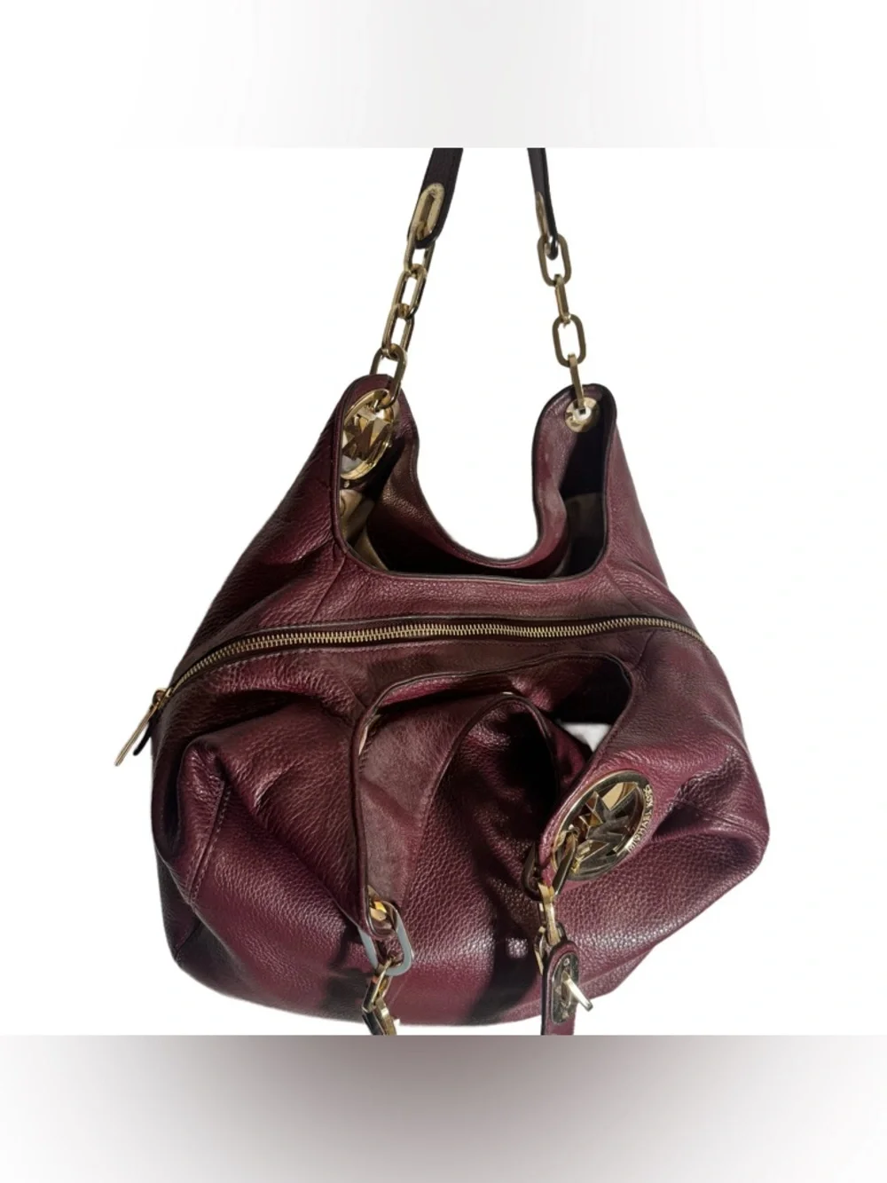 Michael Kors Fulton Hobo Bag Burgundy Pebbled Leather Tote Gold Shoulder Bag - Picture 6 of 7